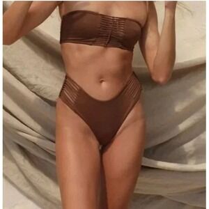 NWT STONE FOX SWIM INEZ TOP XS Brown White Swirl Strapless Bikini Swim Top NWT